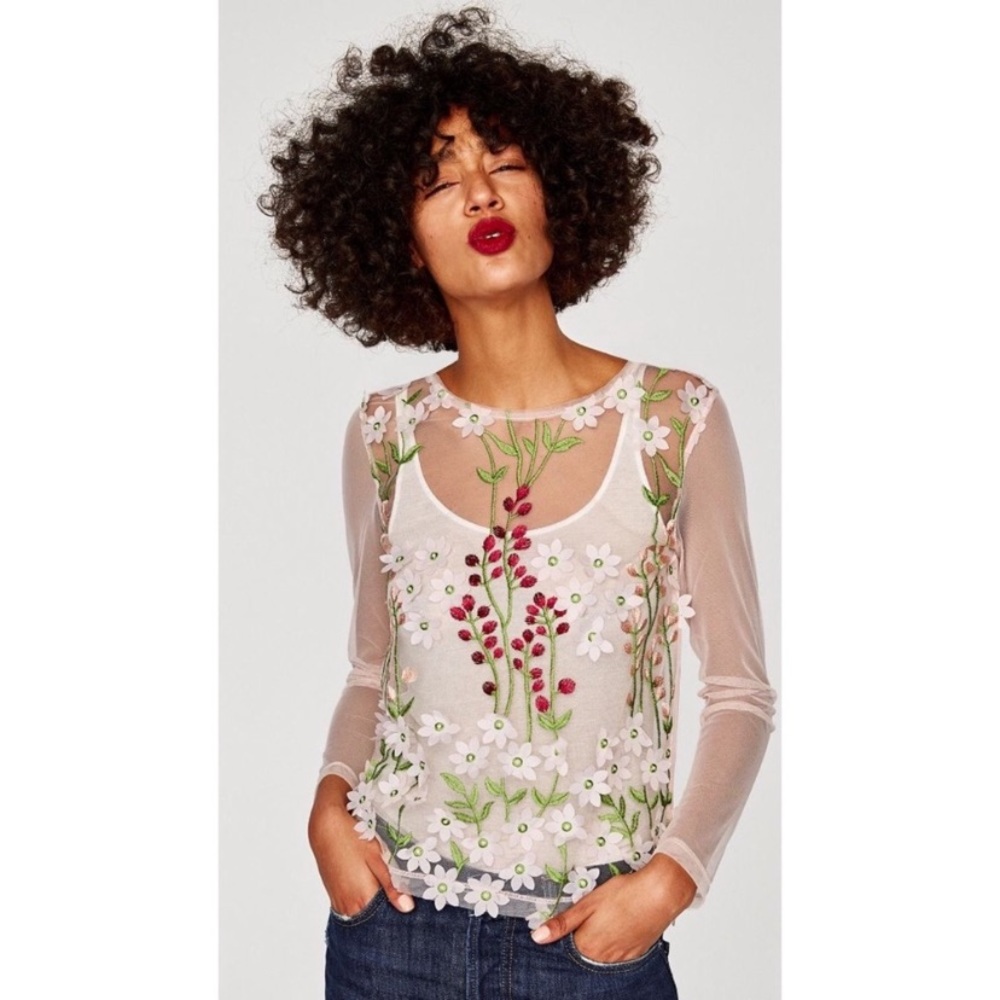 Zara Mesh Top w/ Flowers
